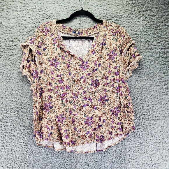 Democracy Top Womens XL Multicolor Floral Short Sleeve Smocked Lightweight Boho - Picture 1 of 9